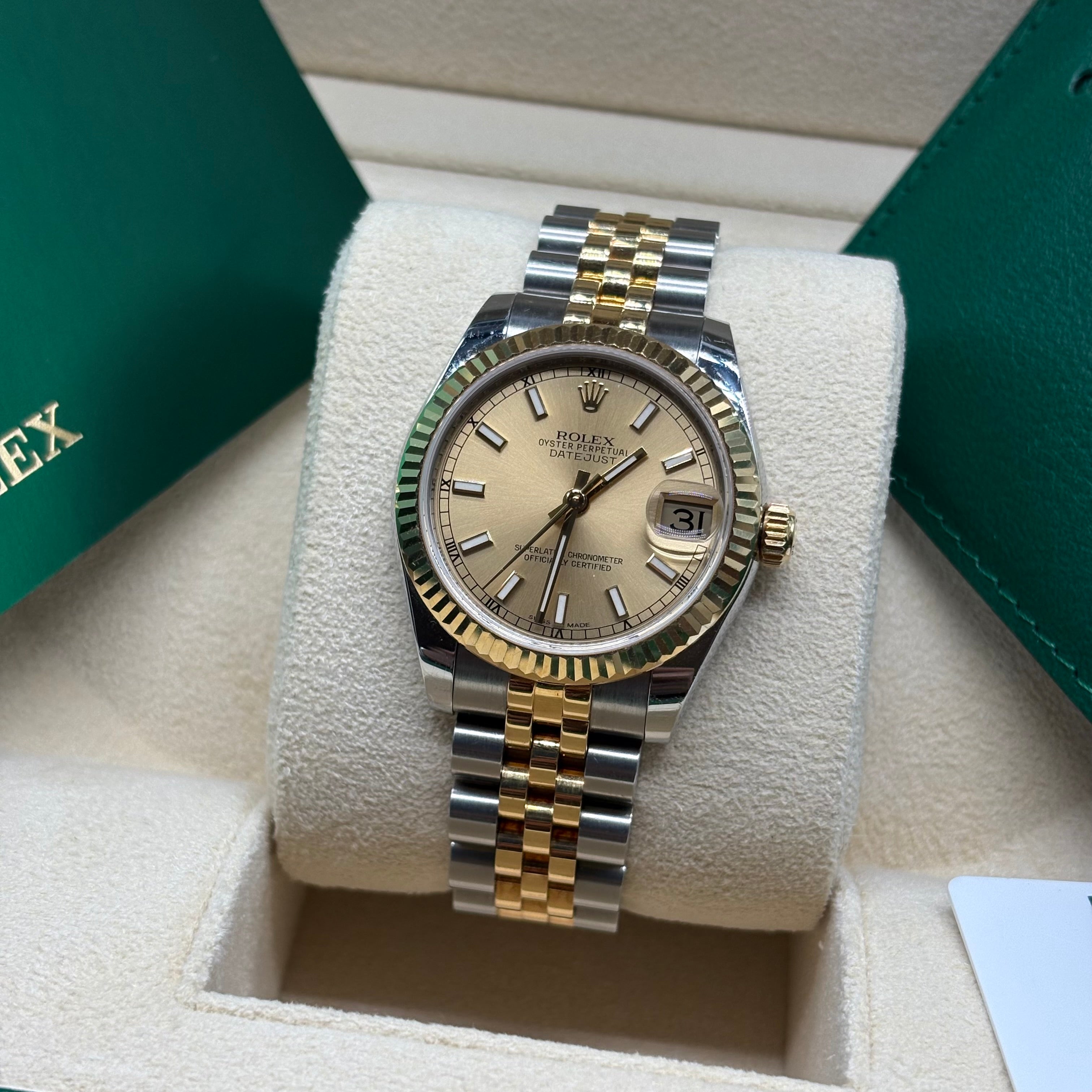 Rolex Datejust 31 Two-Tone Yellow Gold Champagne Index Dial Jubilee Bracelet 278273 Full Set
