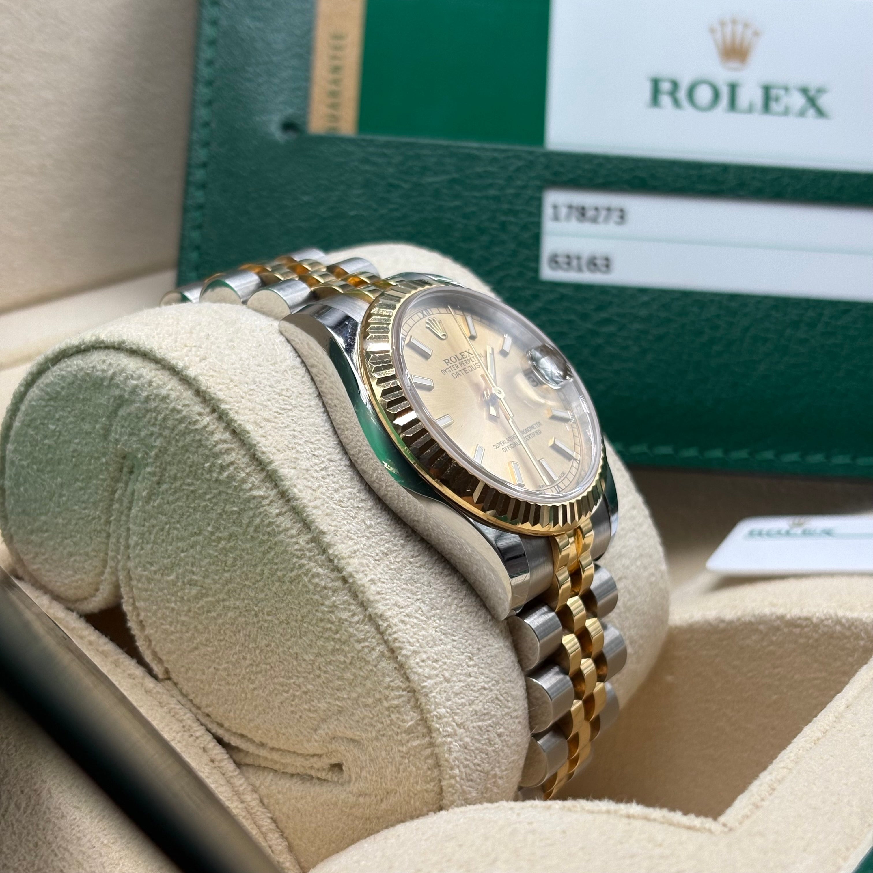Rolex Datejust 31 Two-Tone Yellow Gold Champagne Index Dial Jubilee Bracelet 278273 Full Set