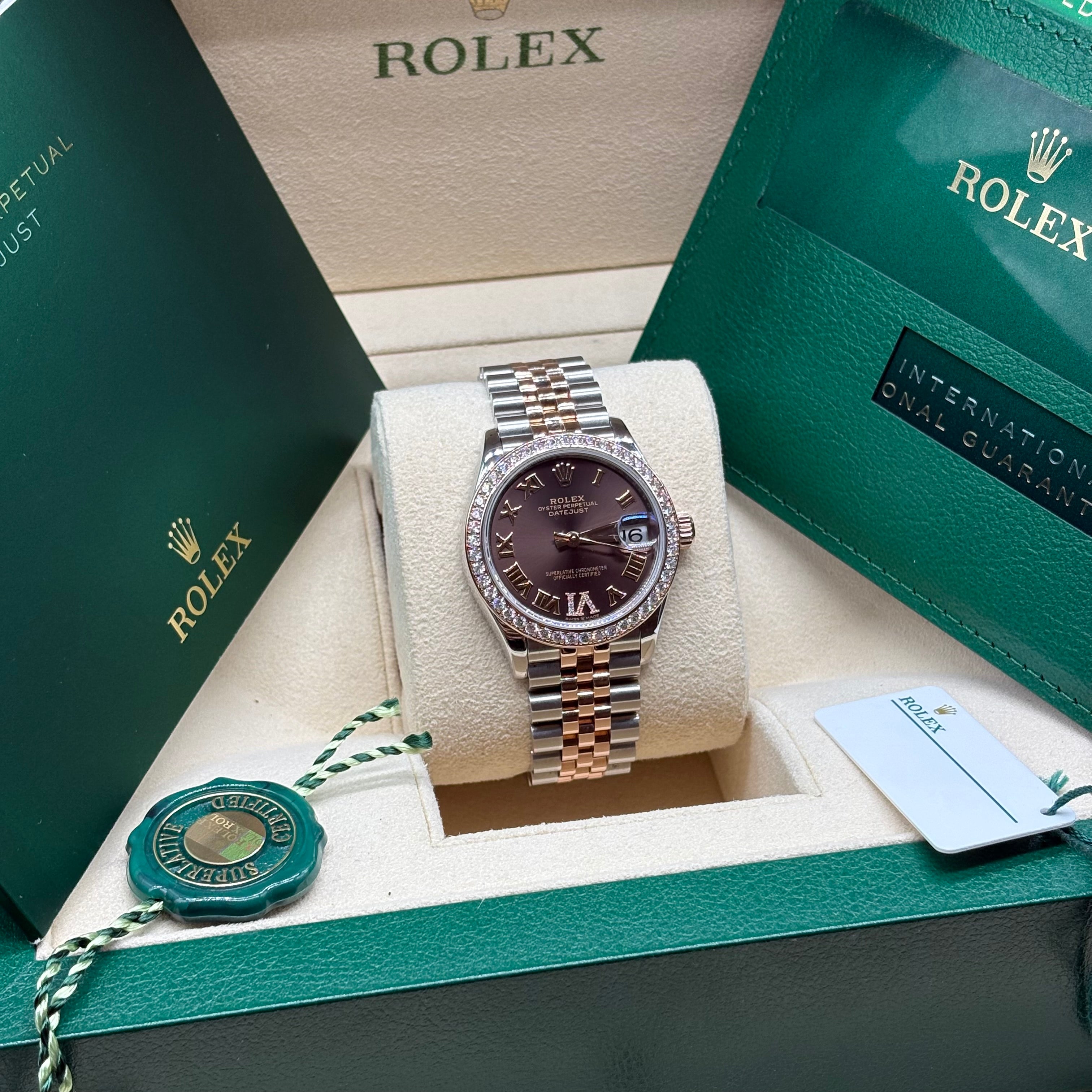 Rolex Datejust 31 Two-Tone Rose Gold Chocolate Roman Dial Diamond Bezel Jubilee Bracelet 278381RBR Full Set