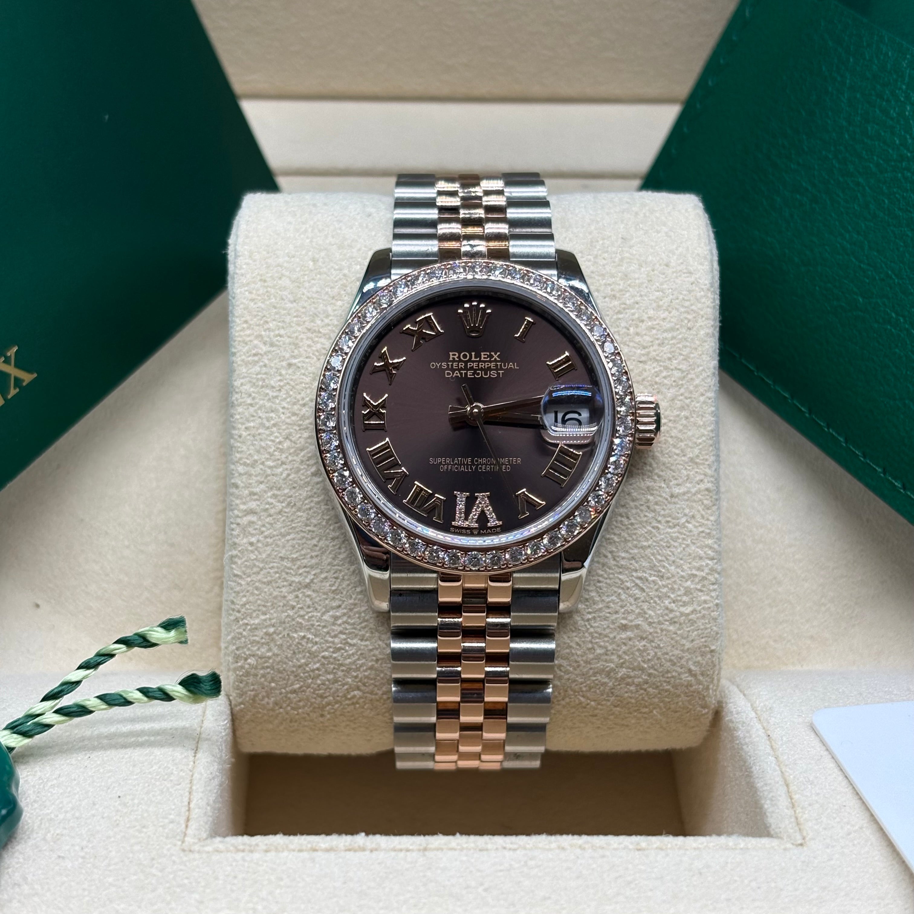 Rolex Datejust 31 Two-Tone Rose Gold Chocolate Roman Dial Diamond Bezel Jubilee Bracelet 278381RBR Full Set