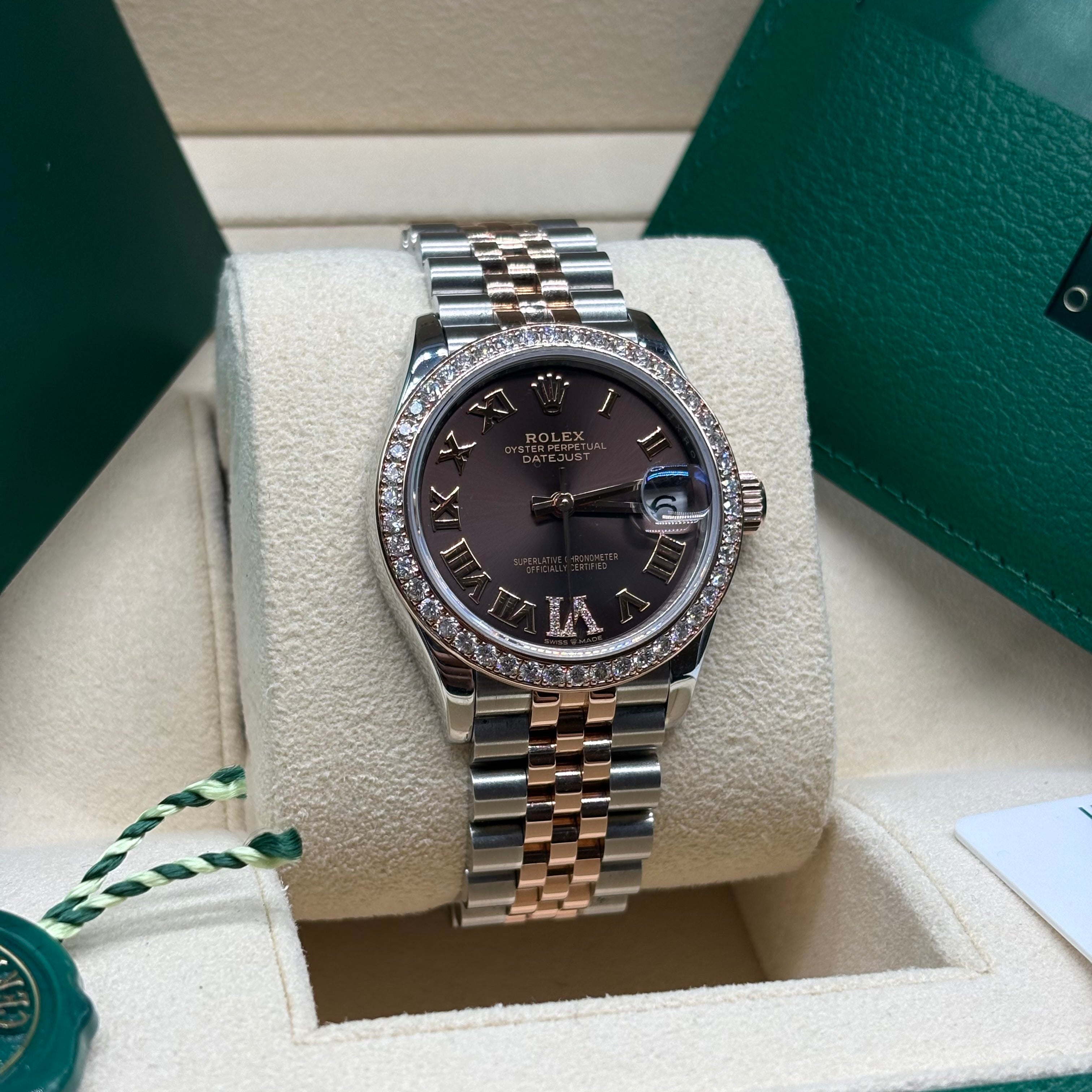 Rolex Datejust 31 Two-Tone Rose Gold Chocolate Roman Dial Diamond Bezel Jubilee Bracelet 278381RBR Full Set
