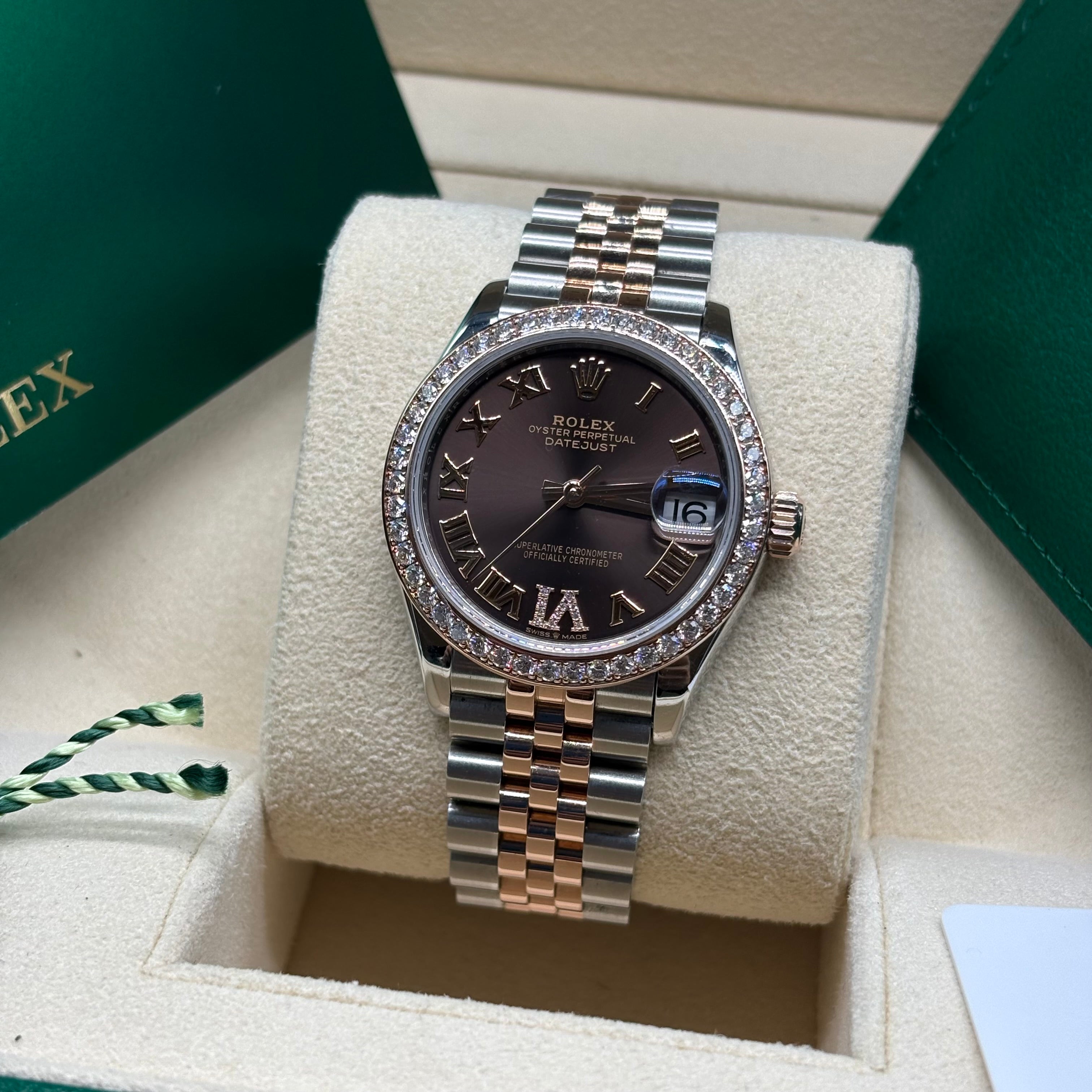 Rolex Datejust 31 Two-Tone Rose Gold Chocolate Roman Dial Diamond Bezel Jubilee Bracelet 278381RBR Full Set