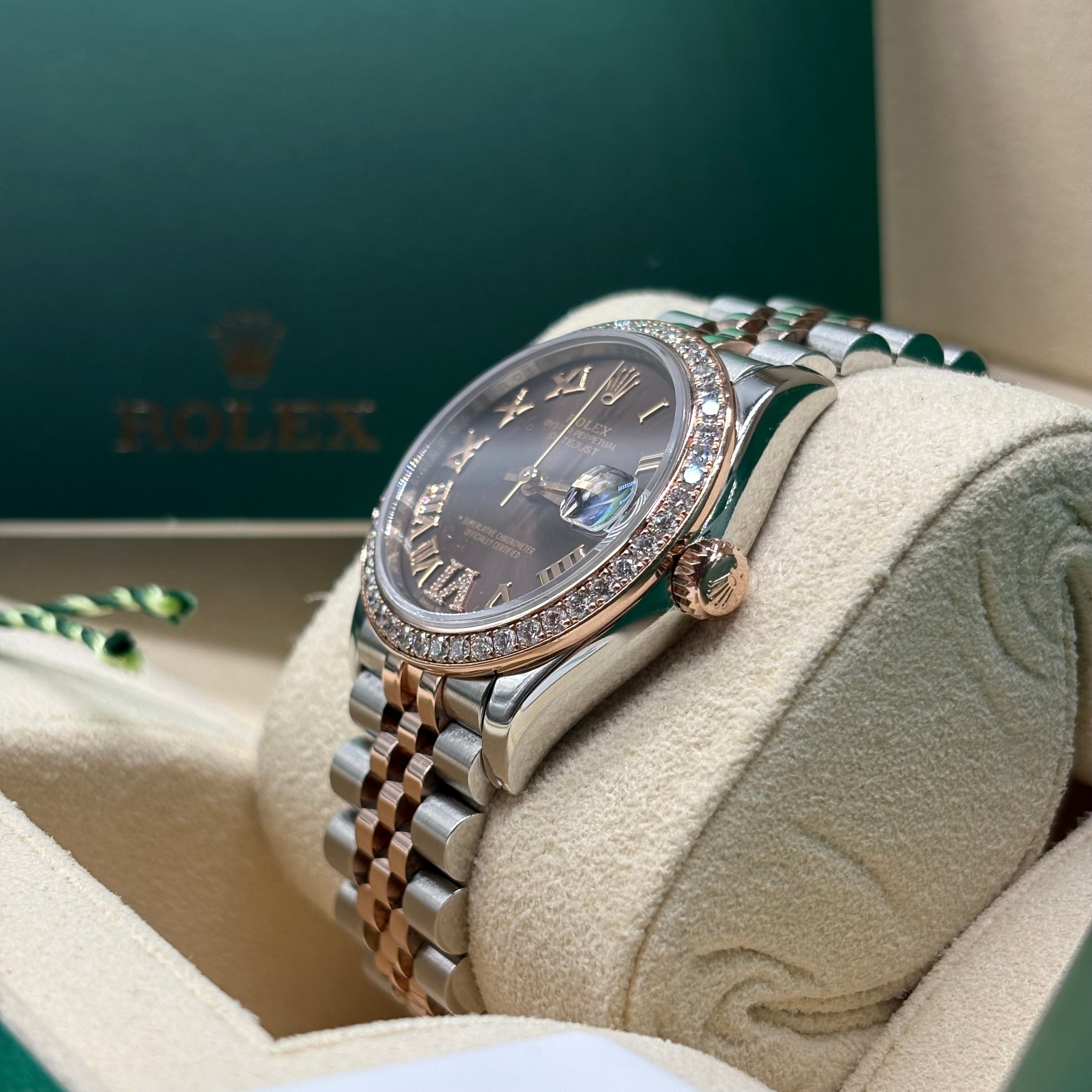 Rolex Datejust 31 Two-Tone Rose Gold Chocolate Roman Dial Diamond Bezel Jubilee Bracelet 278381RBR Full Set