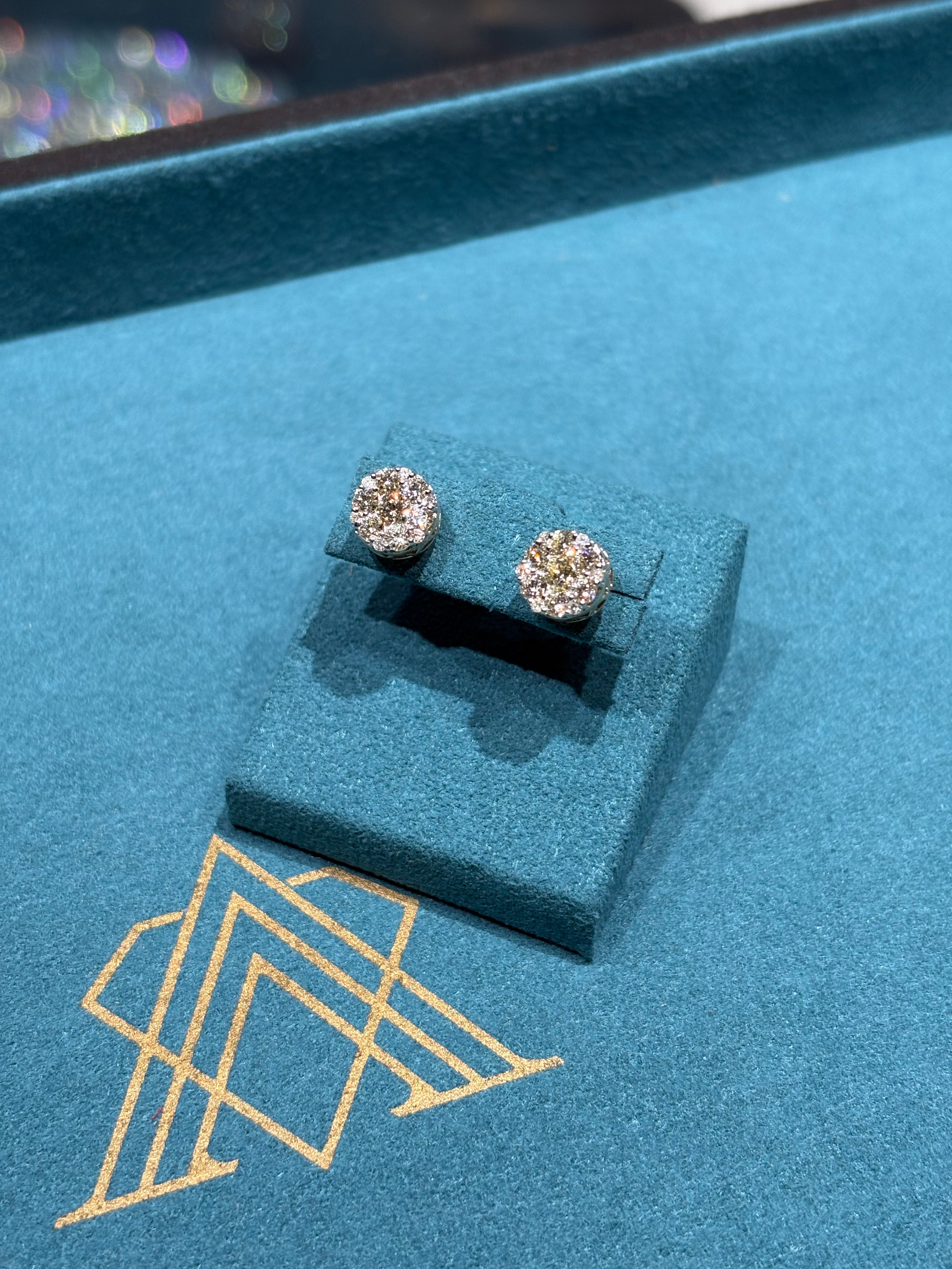 10K White Gold Round Diamond Cluster Stud Earrings
