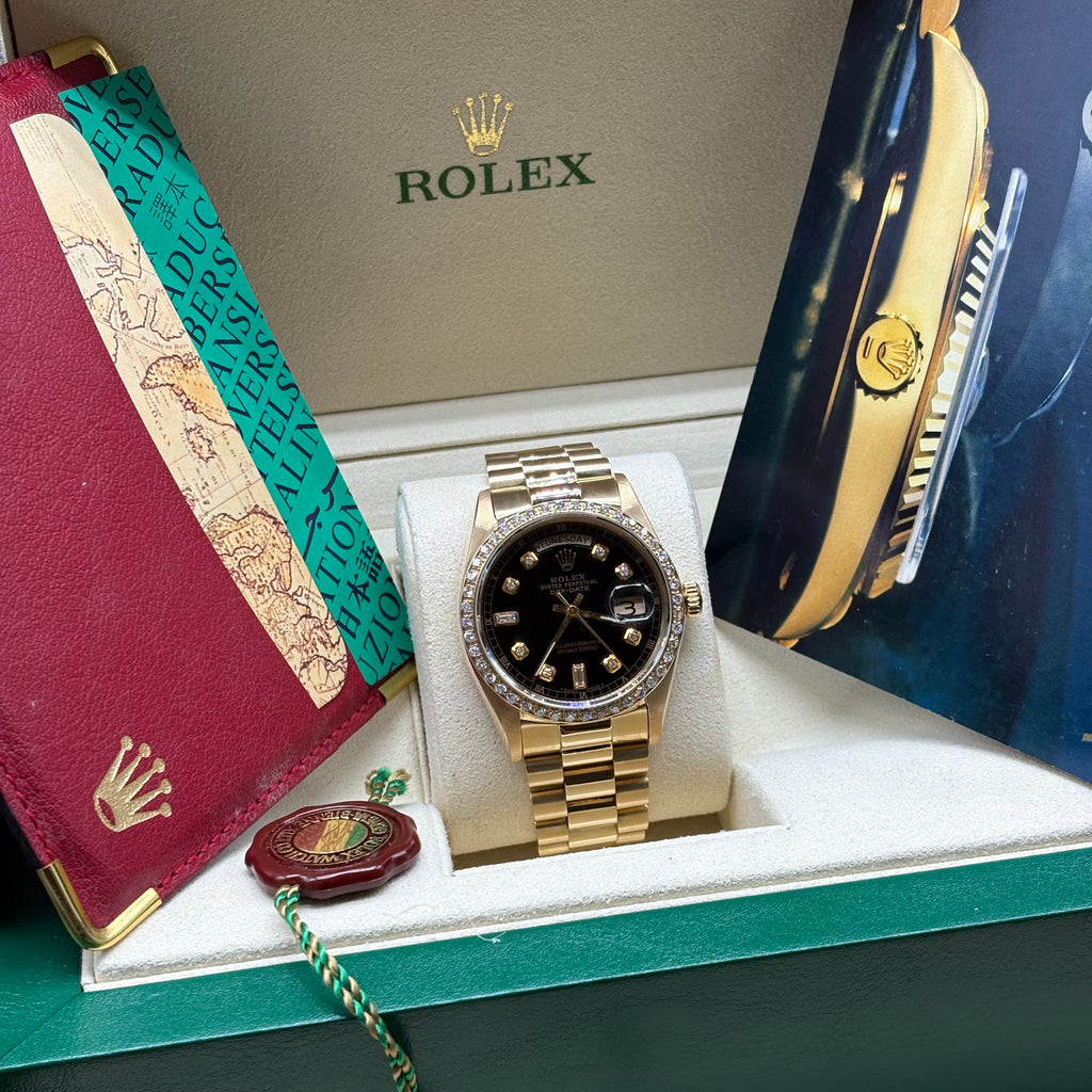Rolex Day-Date 36mm 18k Solid Gold Diamond Bezel / Black Diamond Dial 18038