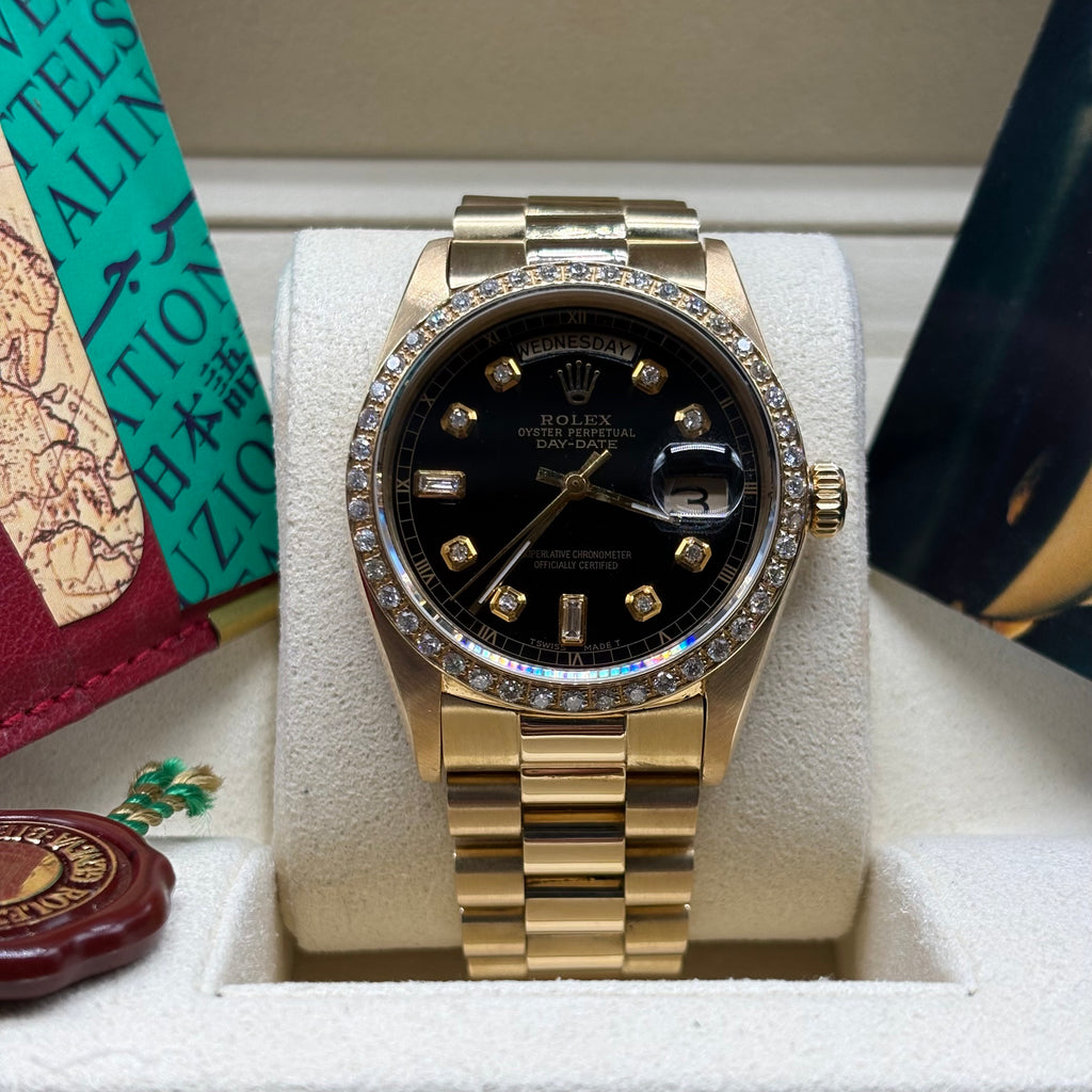 Rolex Day-Date 36mm 18k Solid Gold Diamond Bezel / Black Diamond Dial 18038