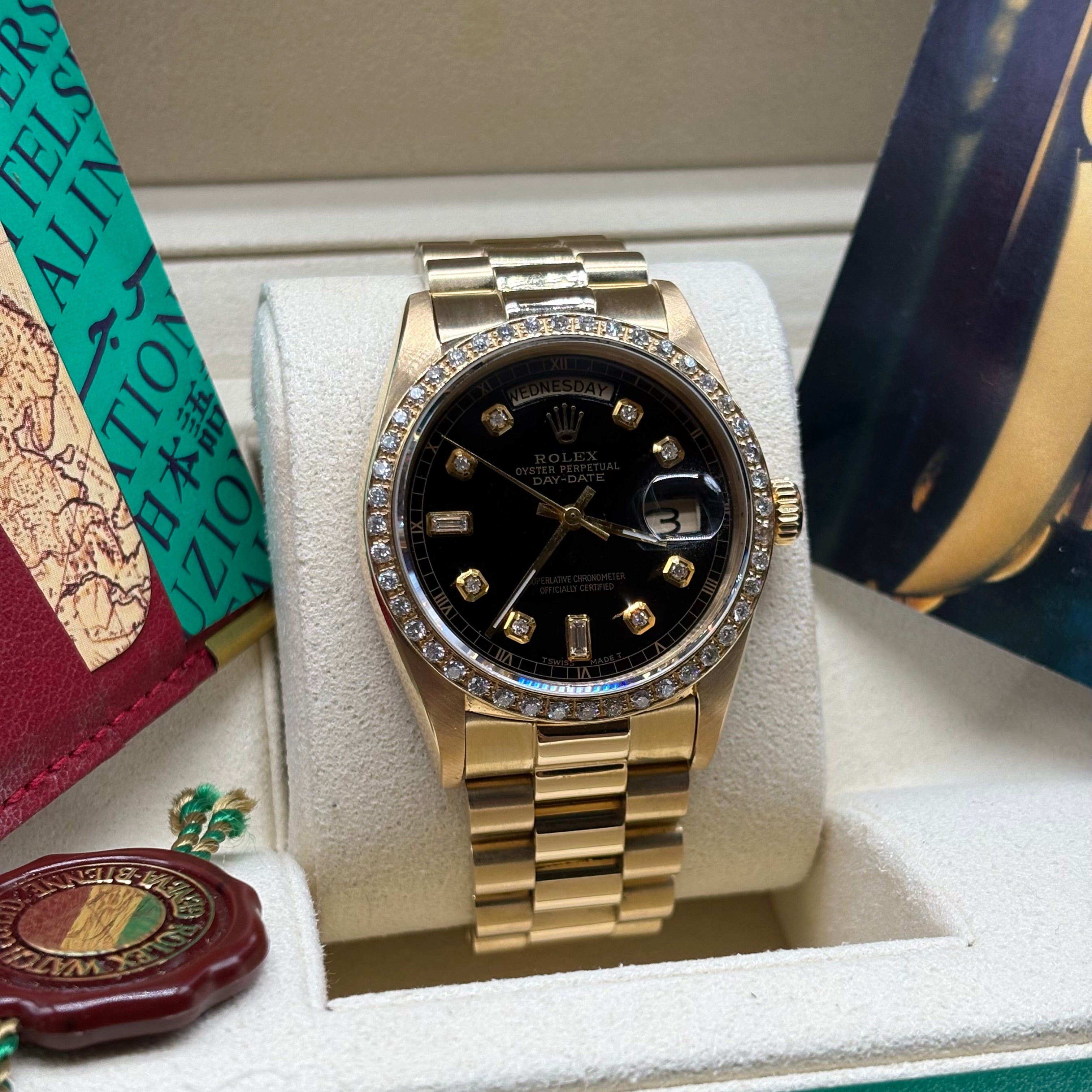 Rolex Day-Date 36mm 18k Solid Gold Diamond Bezel / Black Diamond Dial 18038