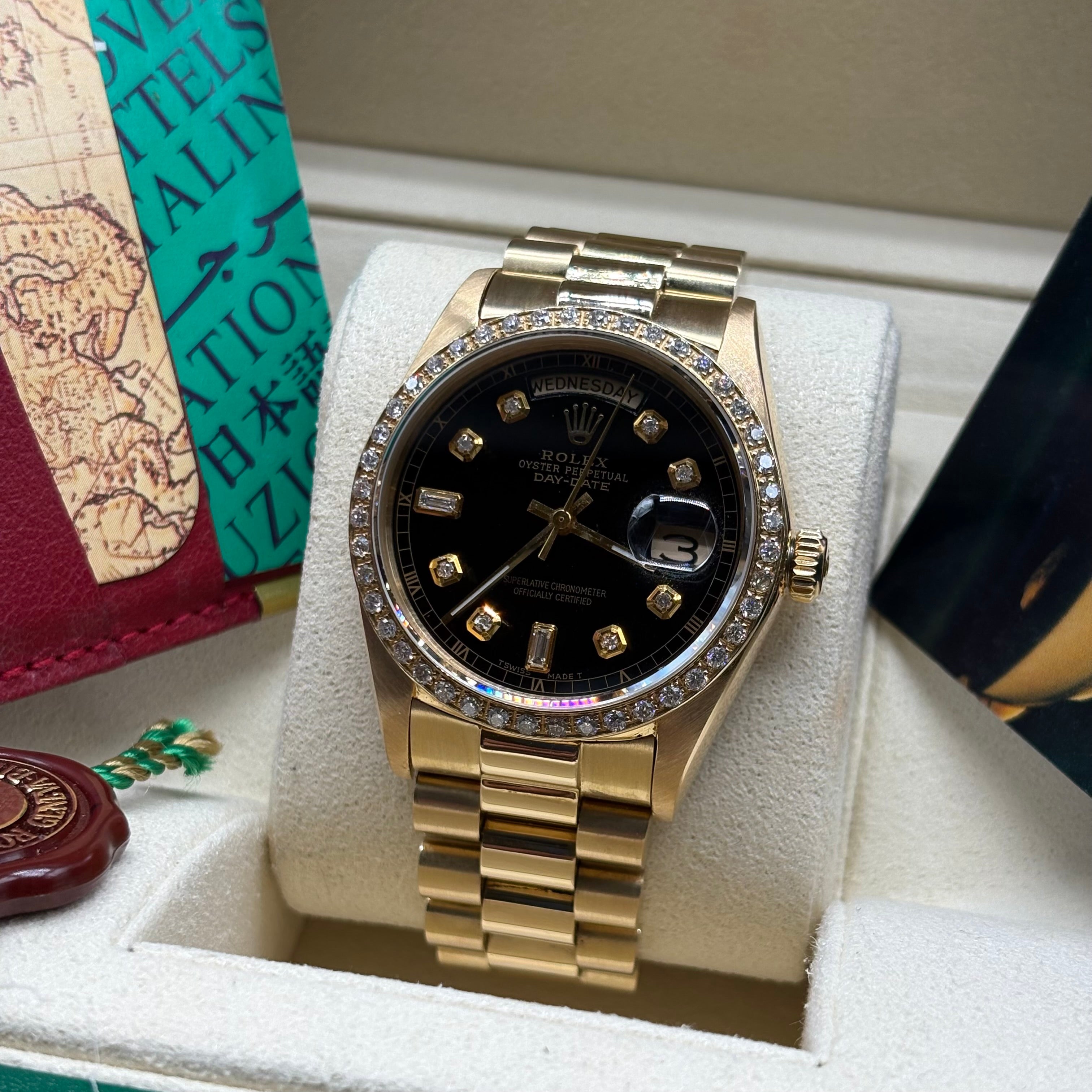 Rolex Day-Date 36mm 18k Solid Gold Diamond Bezel / Black Diamond Dial 18038