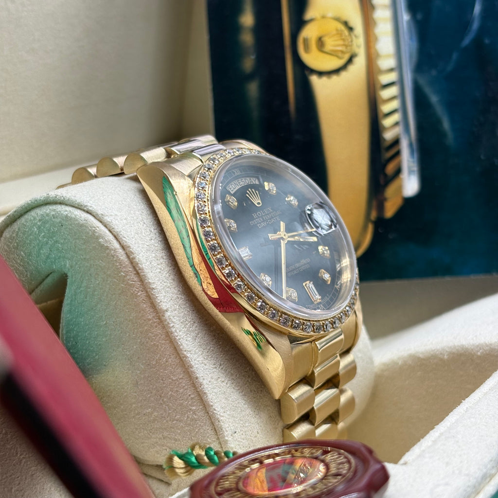 Rolex Day-Date 36mm 18k Solid Gold Diamond Bezel / Black Diamond Dial 18038