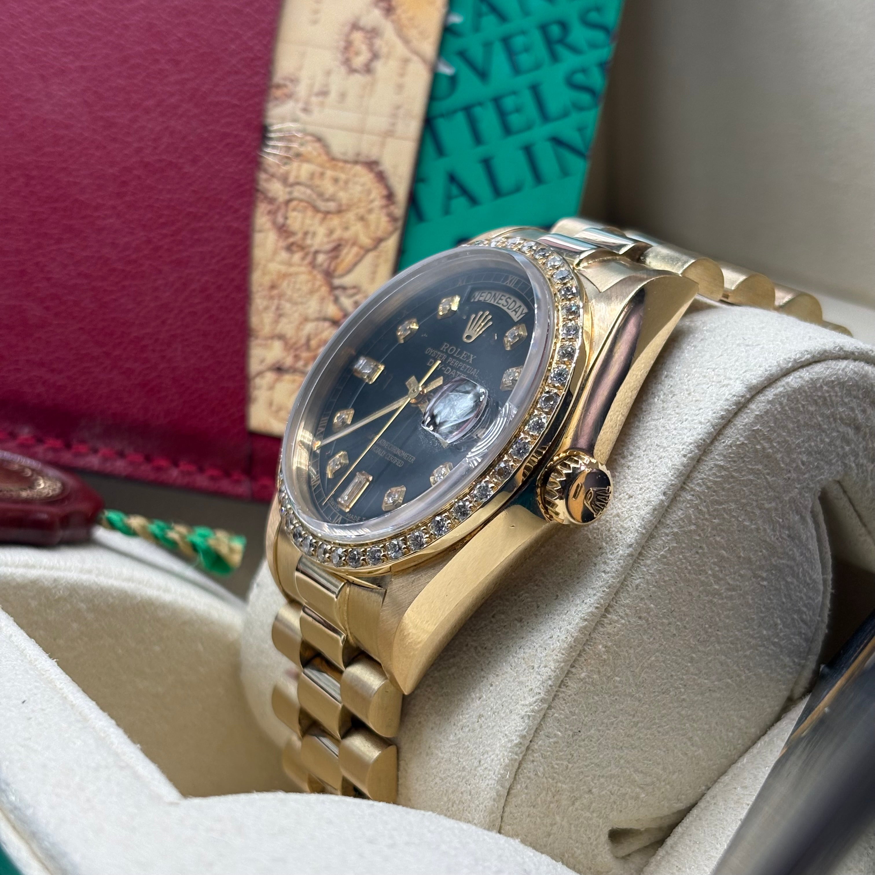Rolex Day-Date 36mm 18k Solid Gold Diamond Bezel / Black Diamond Dial 18038
