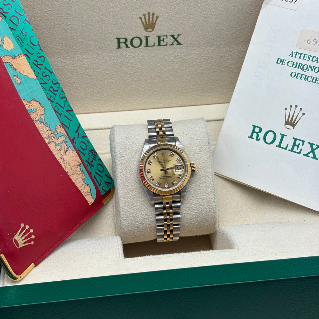 Rolex Lady-Datejust 26mm Two Tone Champagne Diamond Dial 69173 Complete Set