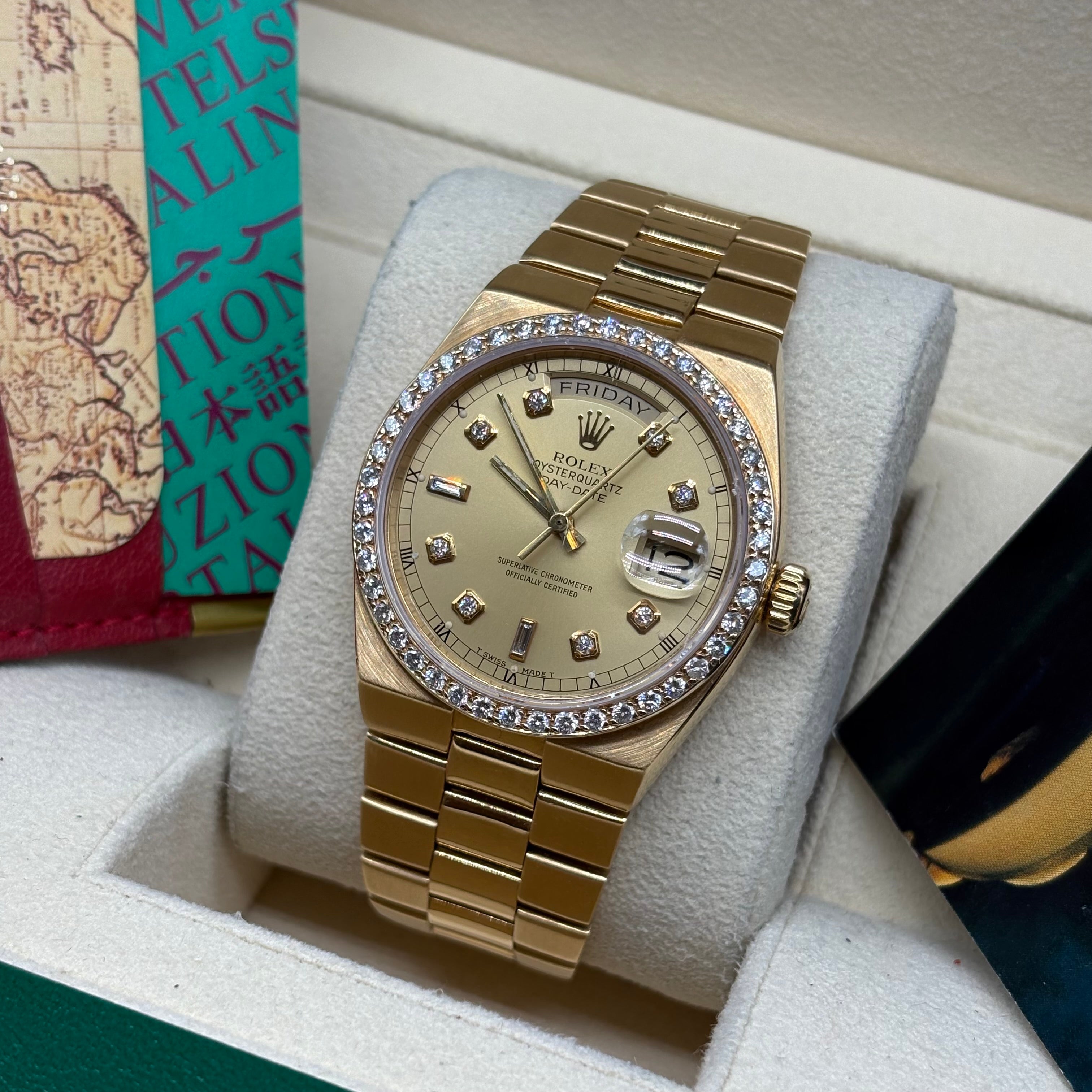 Rolex Day-Date Oysterquartz 36mm 18k Solid Gold Factory Diamond Dial / Bezel 19018N
