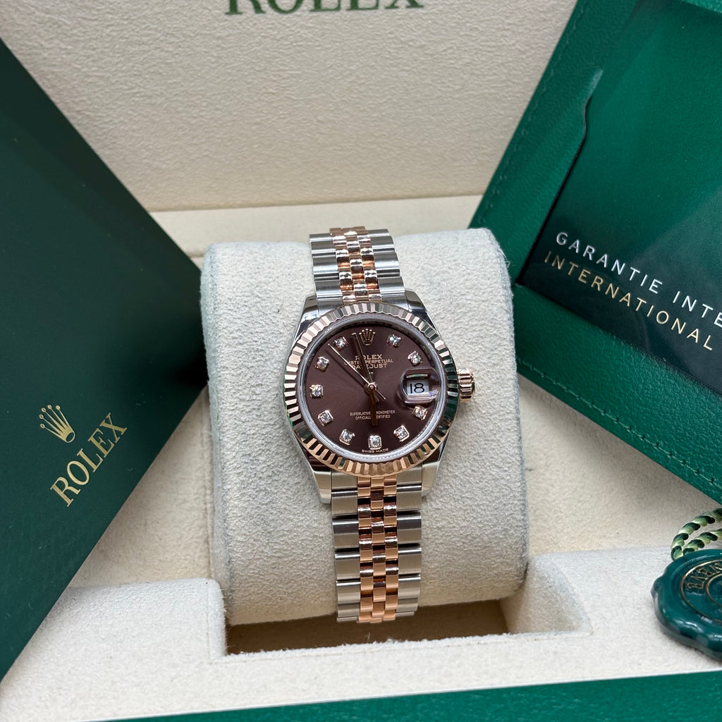 Rolex Lady-Datejust 28mm Two Tone Rose Gold Chocolate Diamond Dial 279171