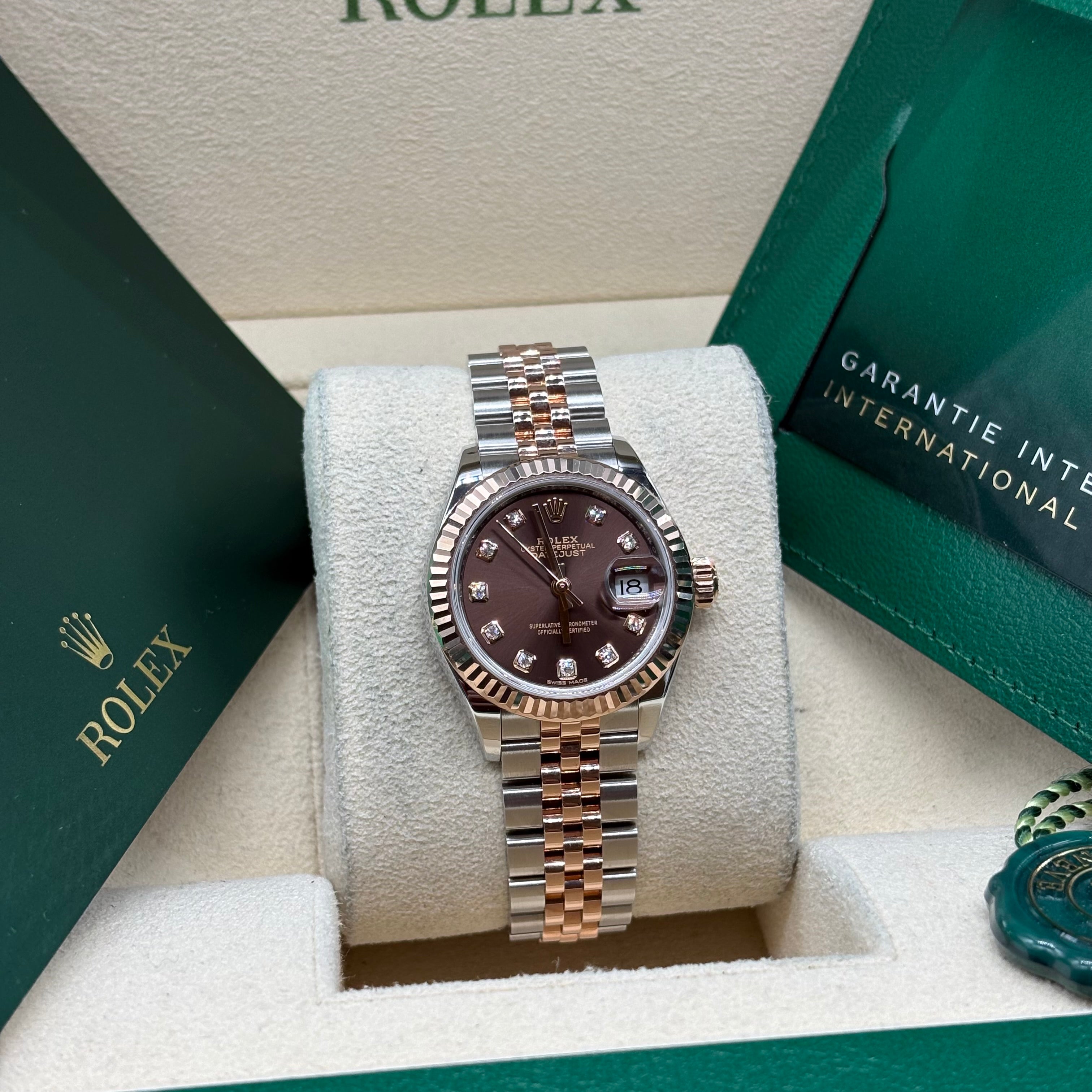 Rolex Lady-Datejust 28mm Two Tone Rose Gold Chocolate Diamond Dial 279171