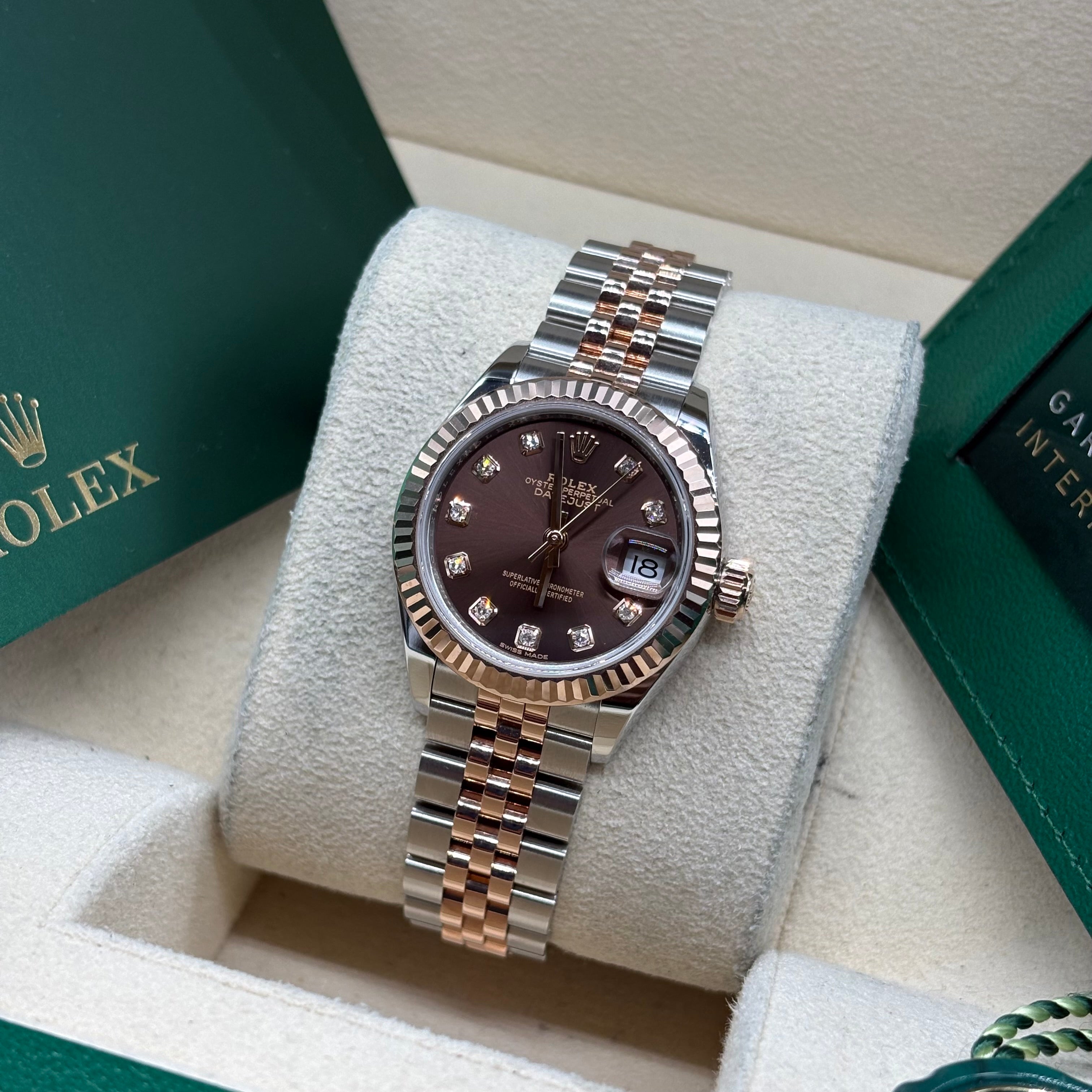 Rolex Lady-Datejust 28mm Two Tone Rose Gold Chocolate Diamond Dial 279171