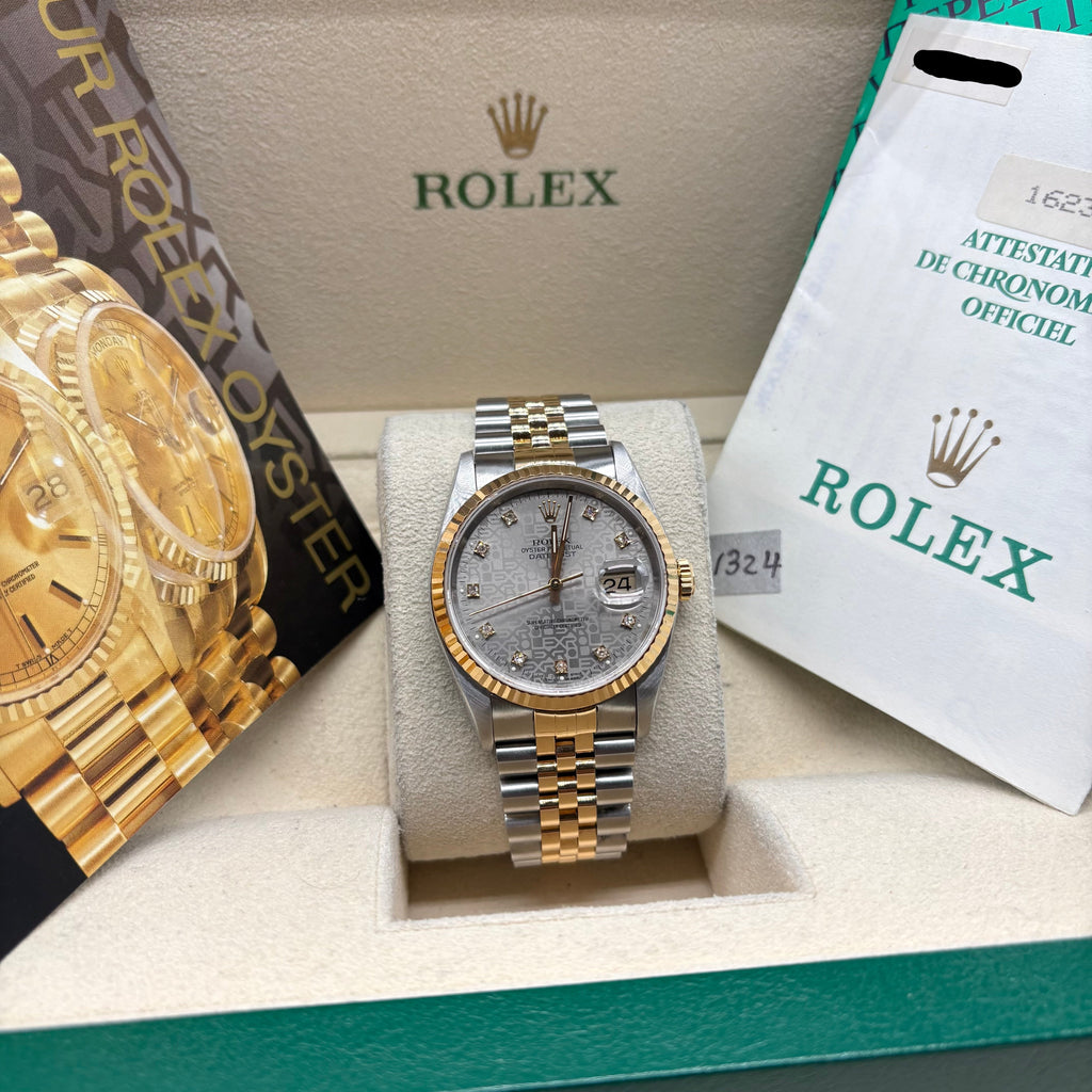 Rolex Datejust 36mm Factory Silver Computer Diamond Dial 16233 Complete Set