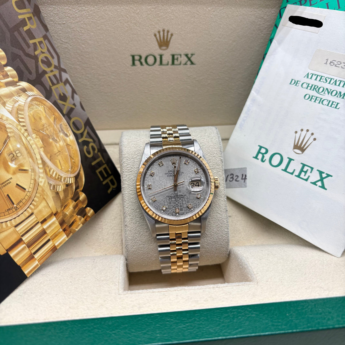 Rolex Datejust 36mm Factory Silver Computer Diamond Dial 16233 Complete Set