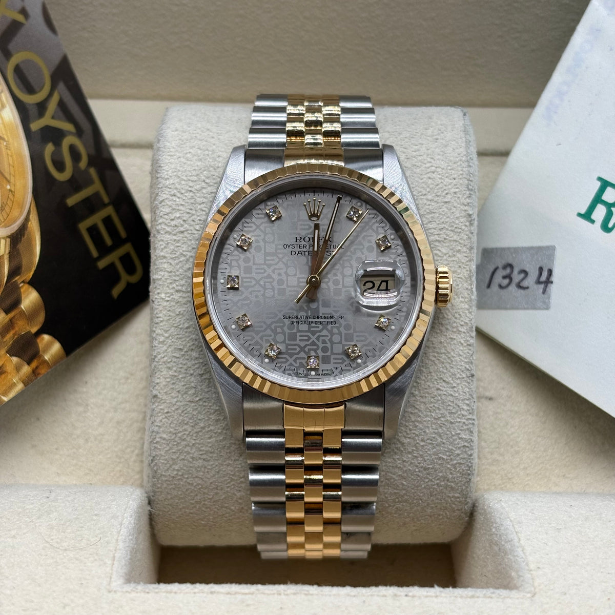 Rolex Datejust 36mm Factory Silver Computer Diamond Dial 16233 Complete Set