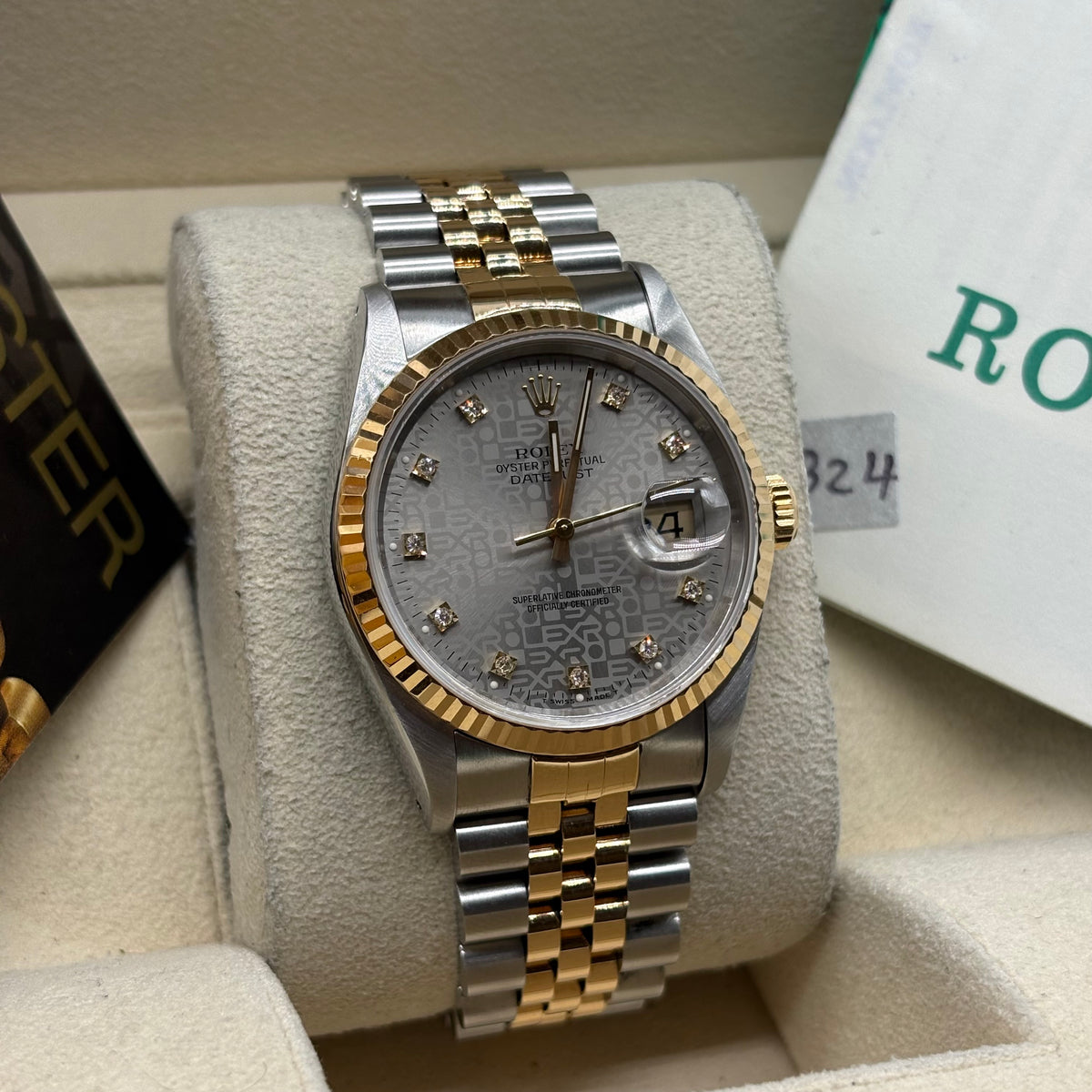 Rolex Datejust 36mm Factory Silver Computer Diamond Dial 16233 Complete Set