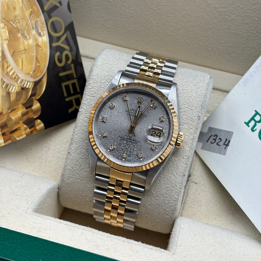 Rolex Datejust 36mm Factory Silver Computer Diamond Dial 16233 Complete Set