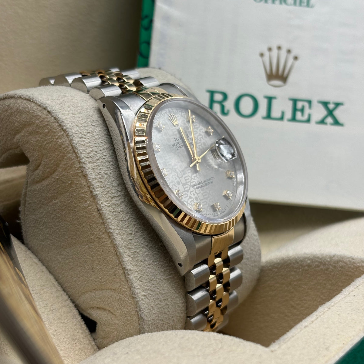 Rolex Datejust 36mm Factory Silver Computer Diamond Dial 16233 Complete Set