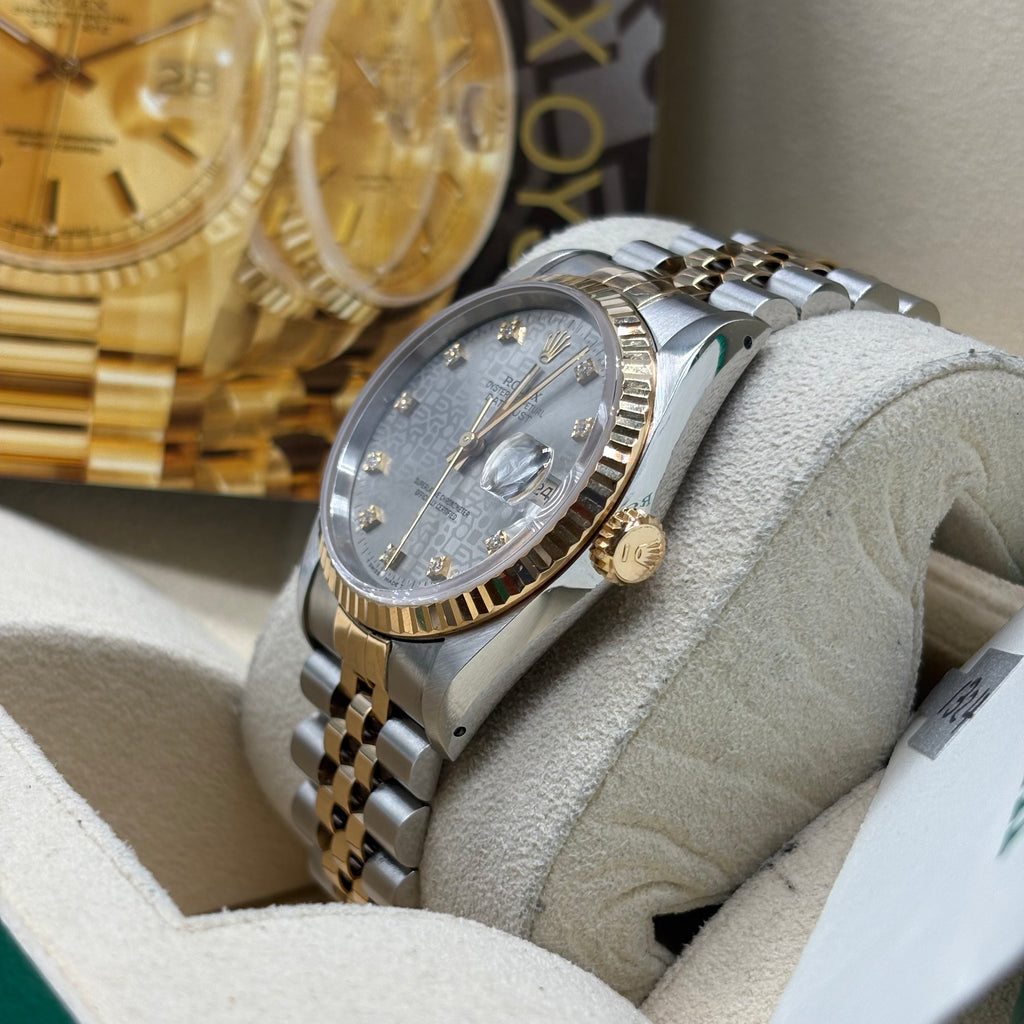 Rolex Datejust 36mm Factory Silver Computer Diamond Dial 16233 Complete Set