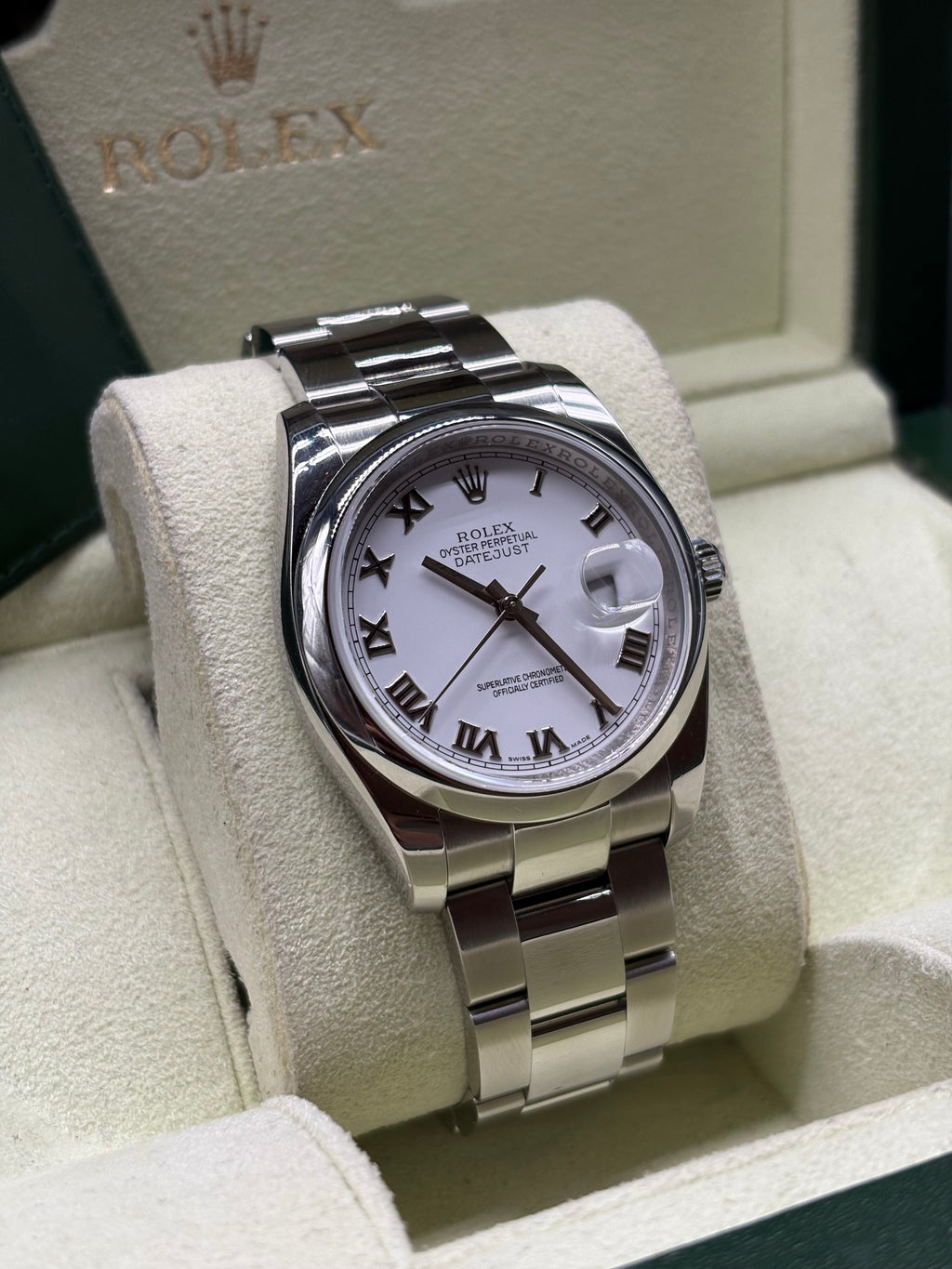 Rolex Datejust 36 Stainless Steel White Roman Dial Smooth Bezel Oyster 116200 Full Set