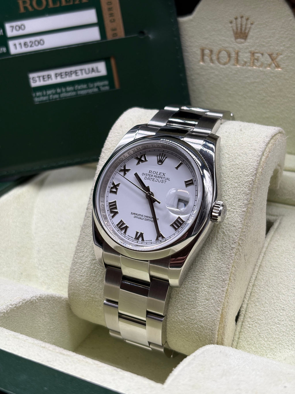 Rolex Datejust 36 Stainless Steel White Roman Dial Smooth Bezel Oyster 116200 Full Set