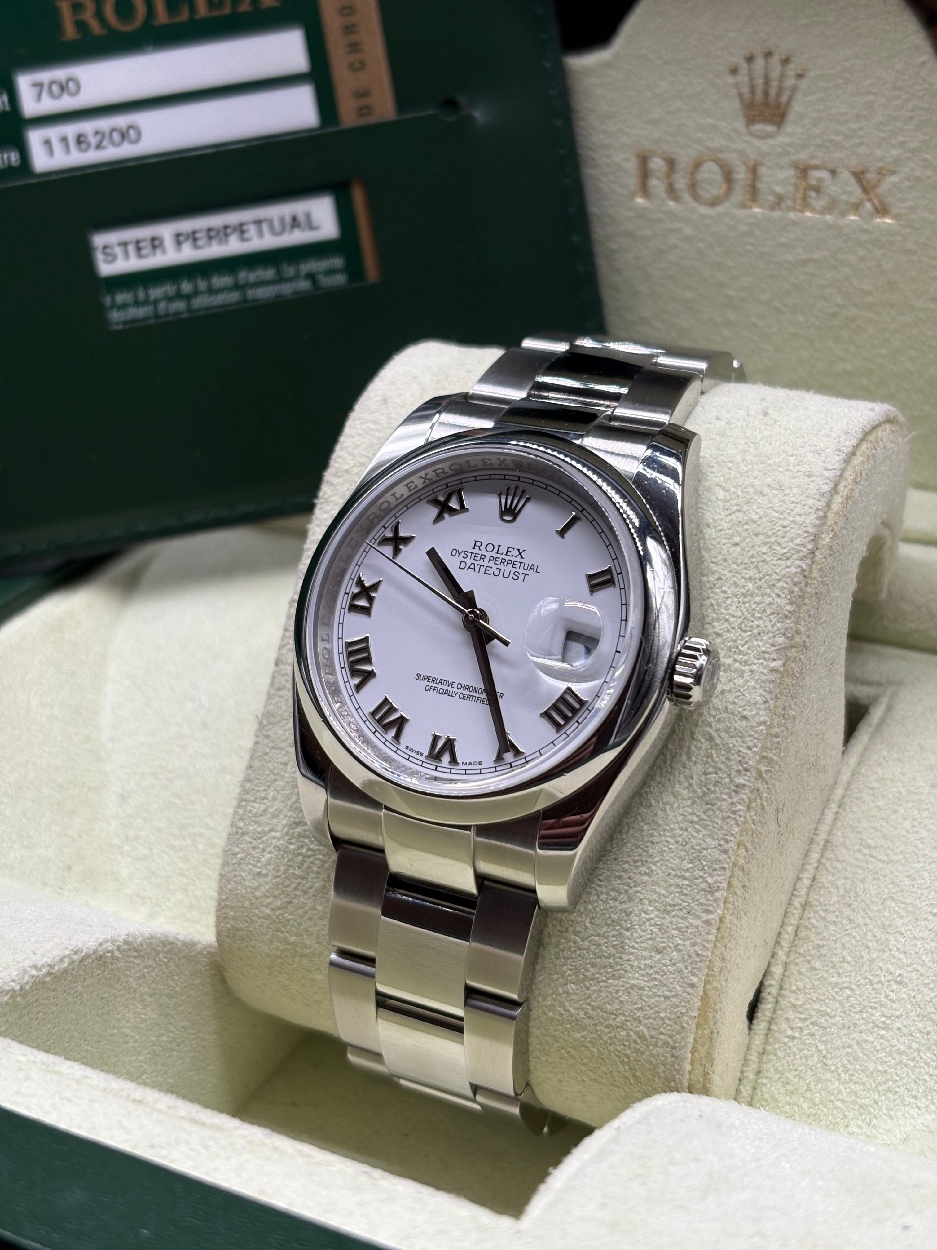 Rolex Datejust 36 Stainless Steel White Roman Dial Smooth Bezel Oyster 116200 Full Set