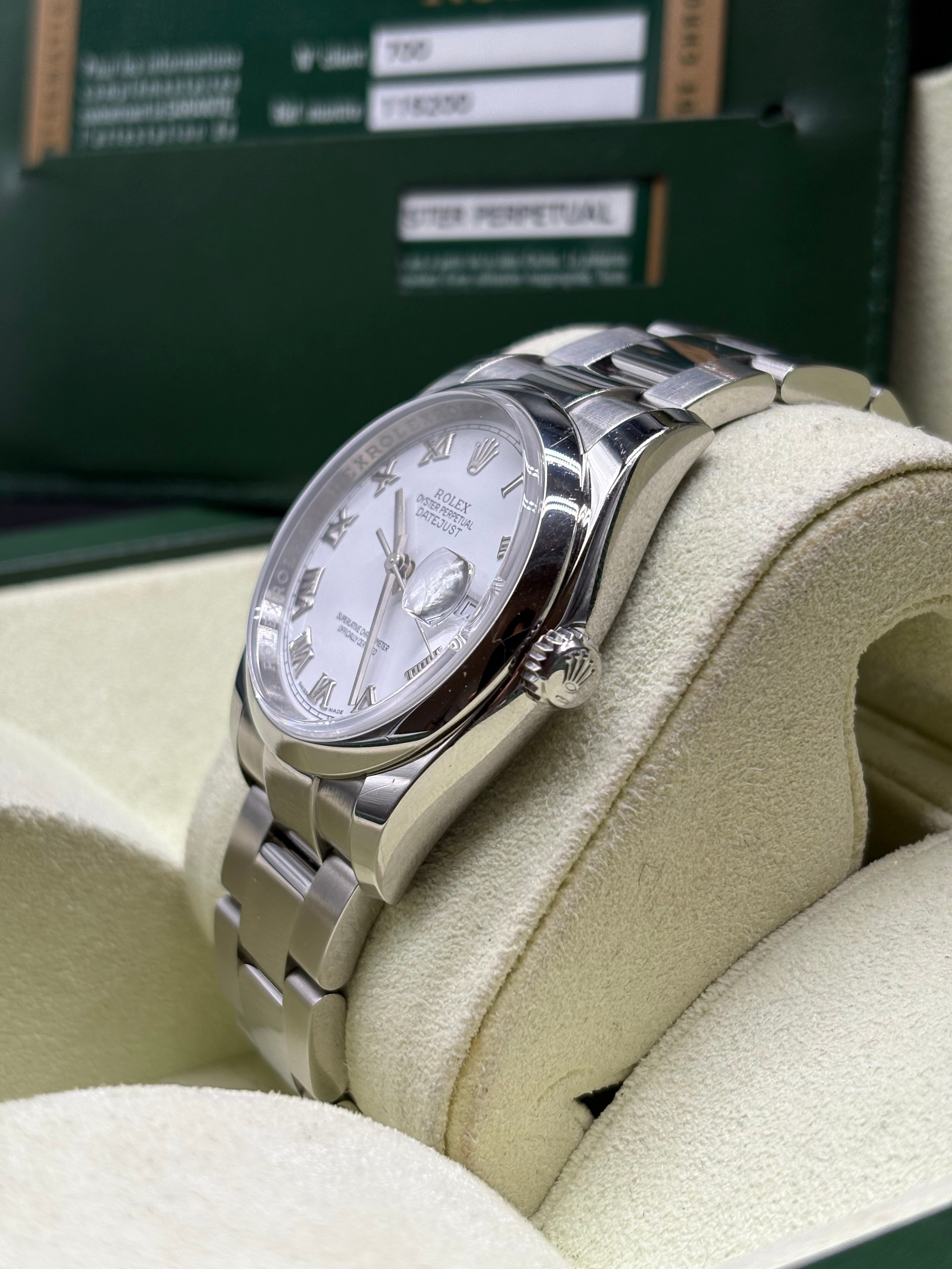 Rolex Datejust 36 Stainless Steel White Roman Dial Smooth Bezel Oyster 116200 Full Set
