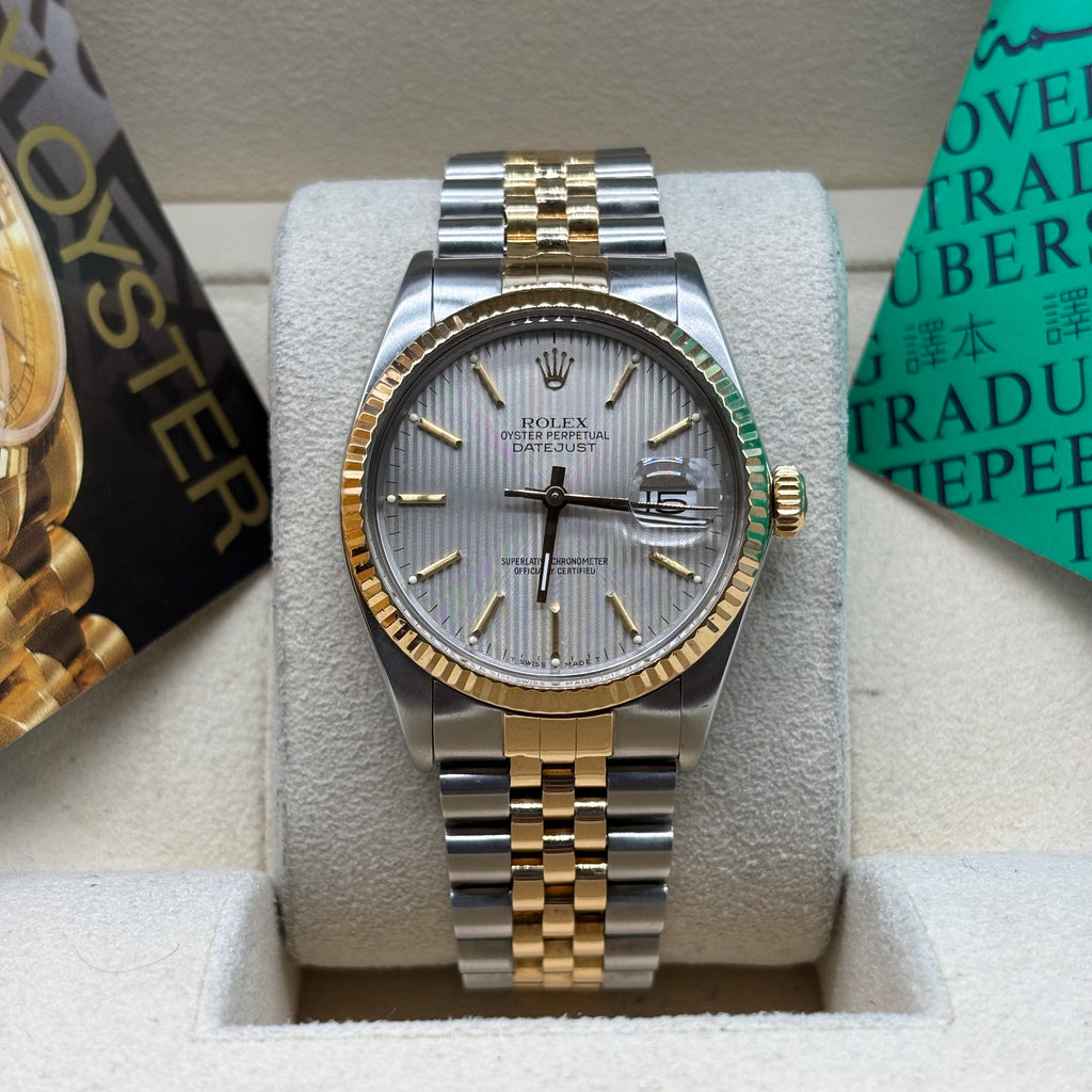 Rolex Datejust 36mm Two Tone Silver Tapestry Dial 16013