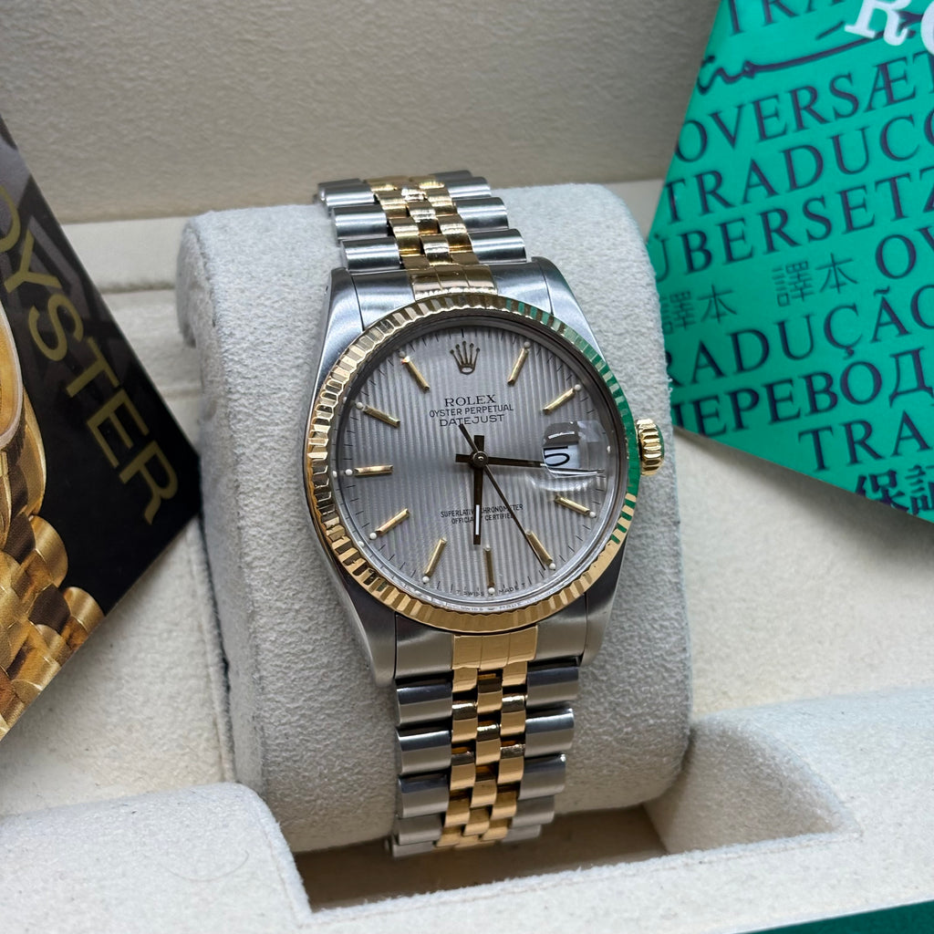 Rolex Datejust 36mm Two Tone Silver Tapestry Dial 16013