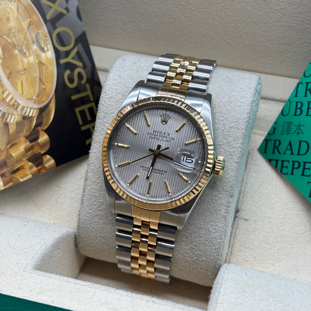 Rolex Datejust 36mm Two Tone Silver Tapestry Dial 16013