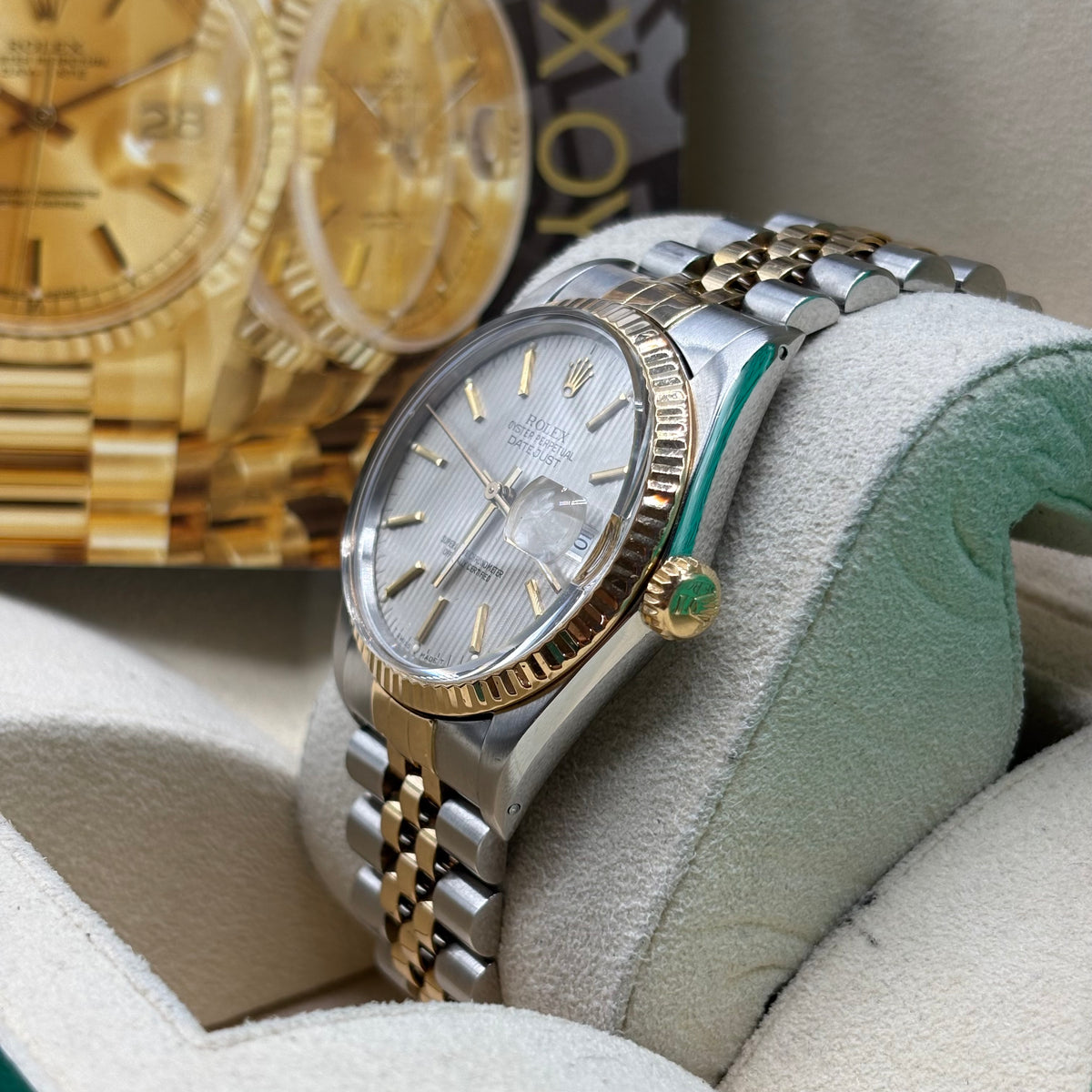 Rolex Datejust 36mm Two Tone Silver Tapestry Dial 16013