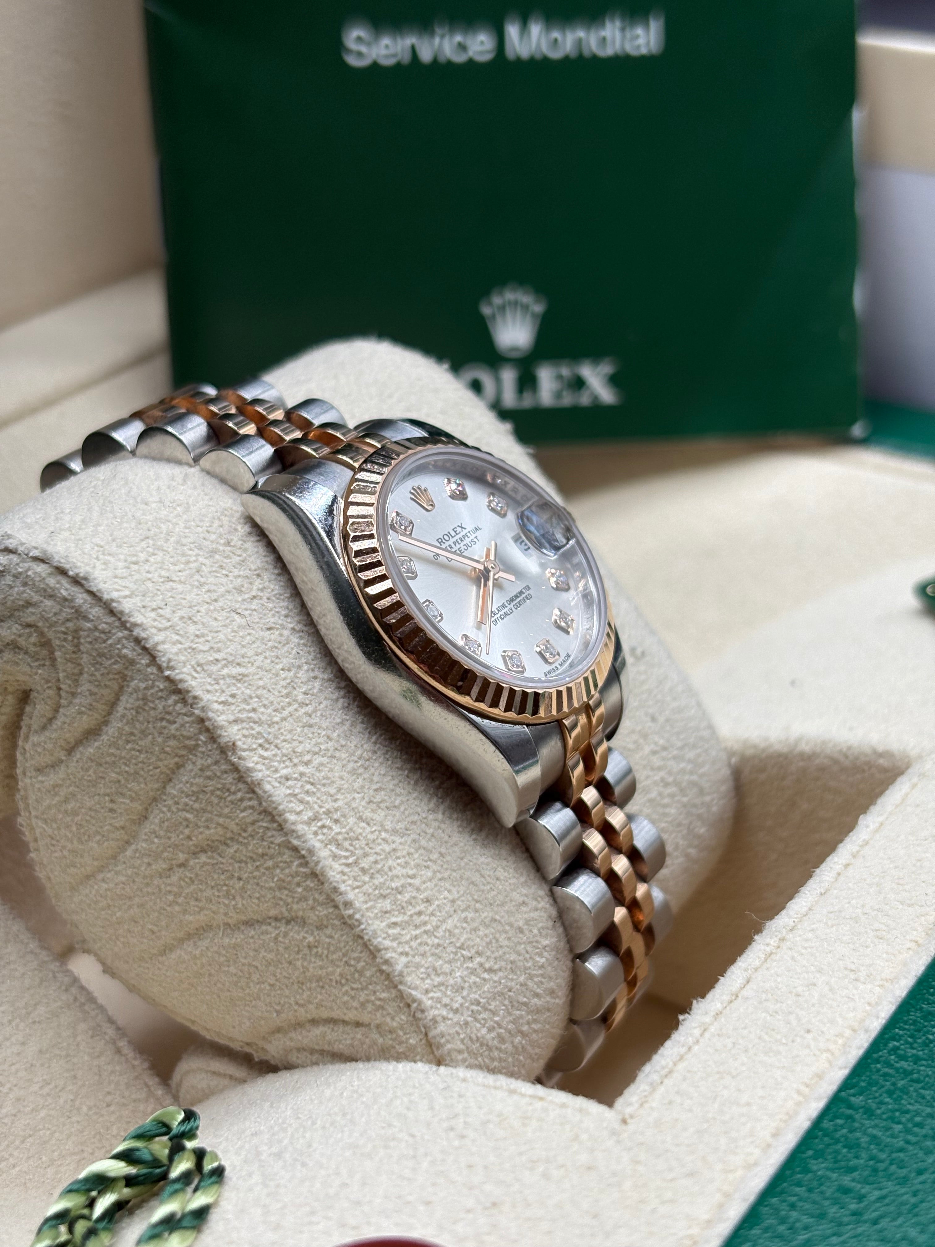 Rolex Lady-Datejust 26mm Silver Diamond Dial Hidden Clasp Full Set