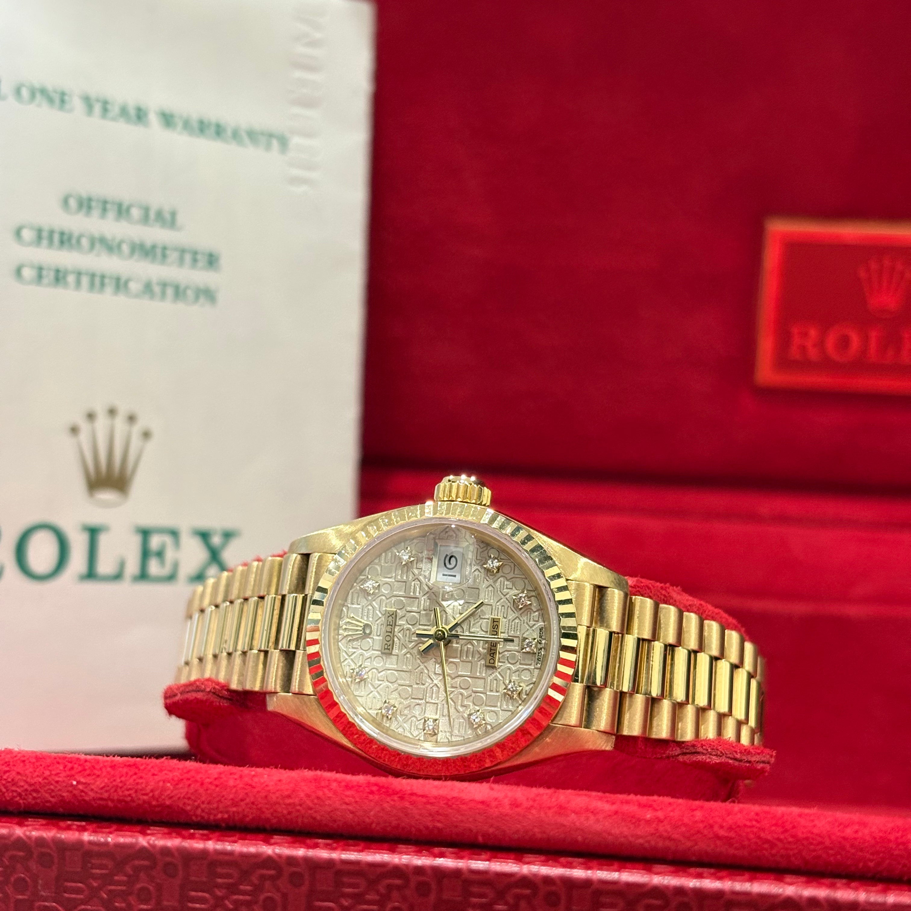Rolex Lady Datejust 26mm 1987 solid 18K yellow gold Jubilee Computer diamond dial on President bracelet with its red Rolex box at Adonia Jewellers in Yorkville, Toronto