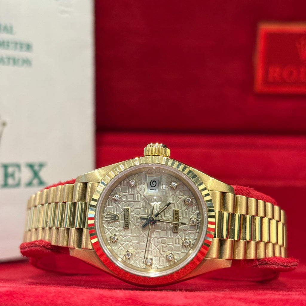 Rolex Lady Datejust 26 Computer diamond dial angled view with its official chronometer certification papers