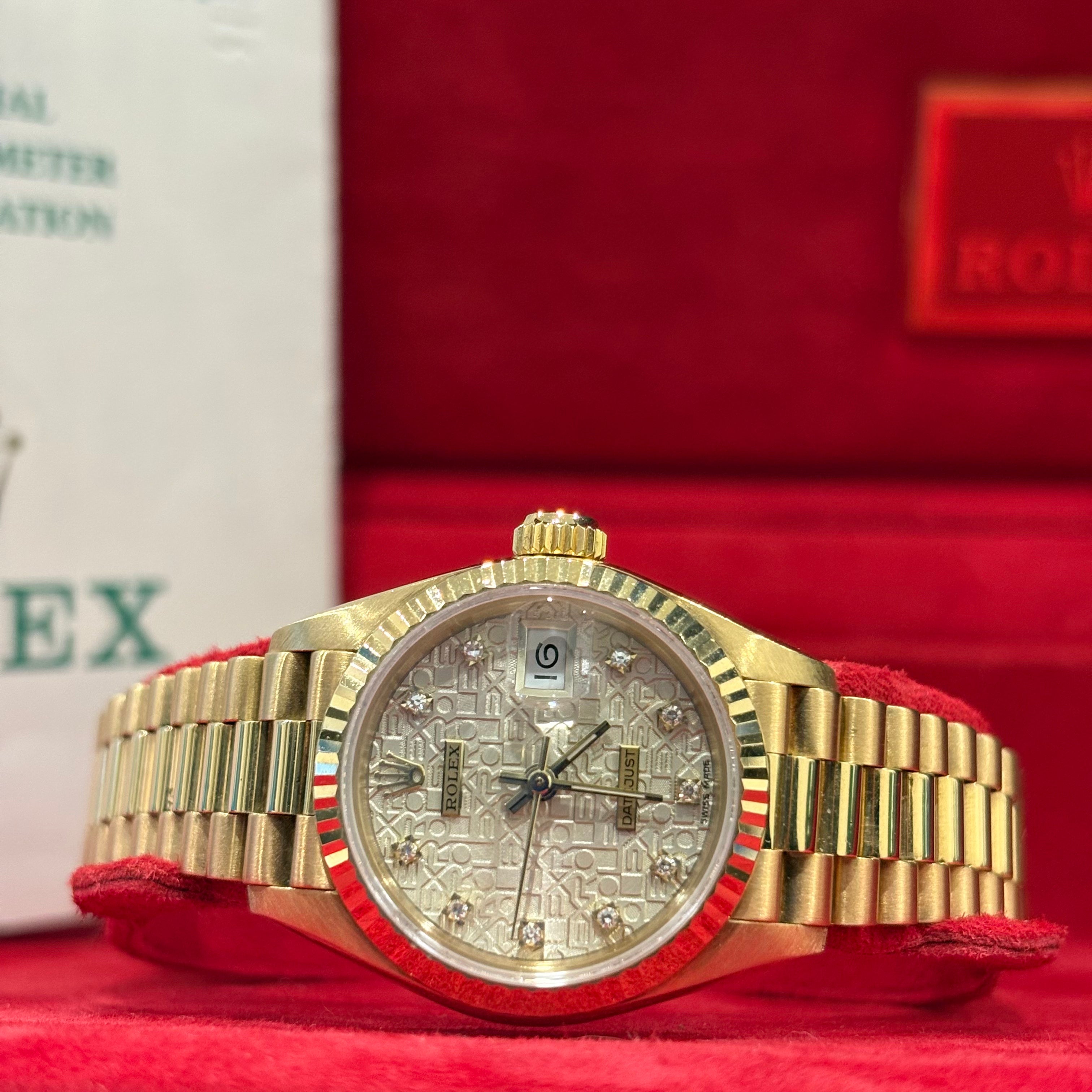 Rolex Lady Datejust 26 Computer diamond dial angled view with its official chronometer certification papers